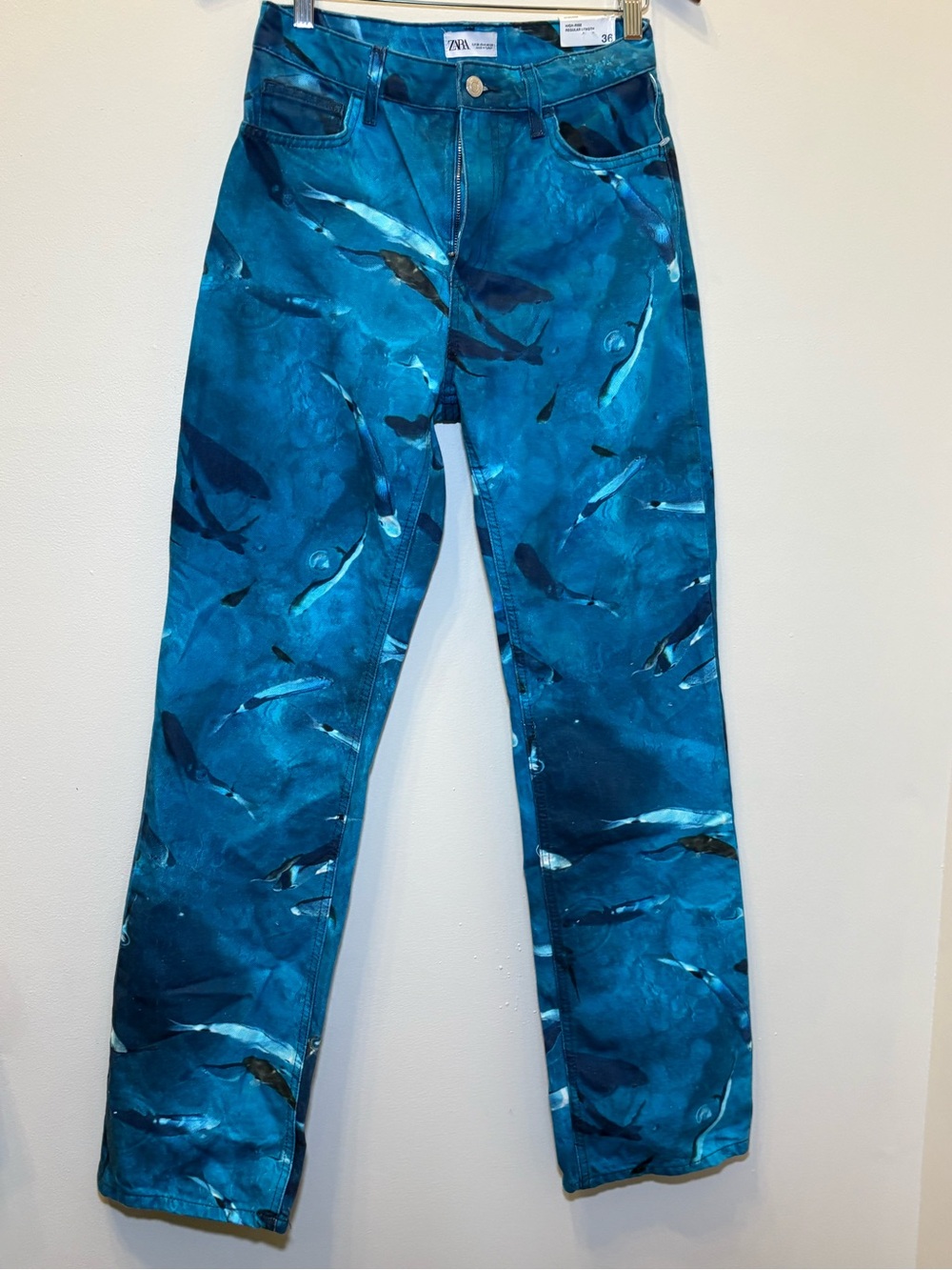 Zara Men’s Teal Blue Patterned Straight Jeans